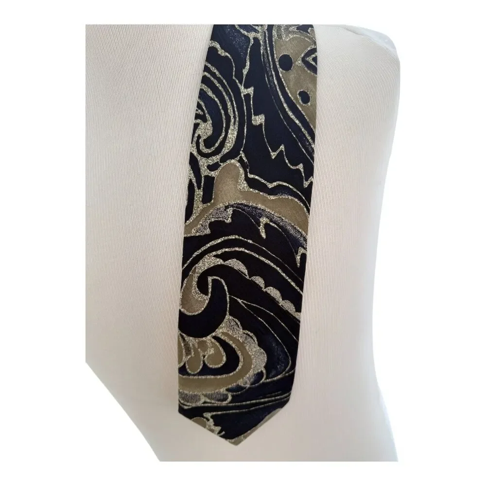 Stefano Enrici Navy and Tan Paisley Silk Jacquard Tie (Handmade in‎ Italy)